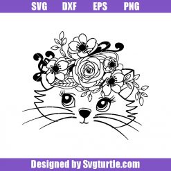 Cat with Flower Crown Svg, Cat Floral Svg, Cute Cat Tatoo Svg, Cat Svg