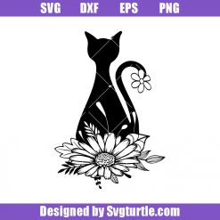 Cat with Flower Svg, Wildflower Cat Svg, Black Cat Svg, Cute Black Cat Svg