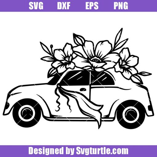 Car-with-floral-svg,-honeymoon-car-svg,-wedding-car-svg