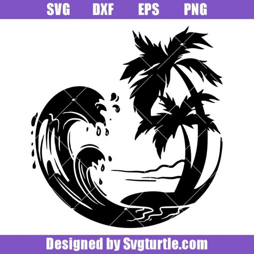 Ocean-waves-and-palm-trees-svg,-wave-surfing-svg,-palm-tree-svg