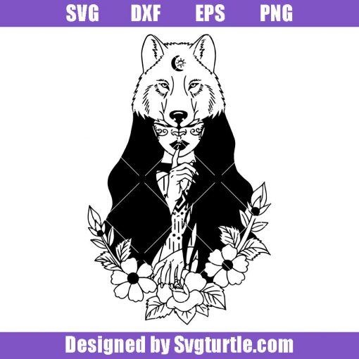 Woman-with-wolf-head-svg,-native-american-girl-flowers-svg