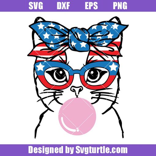 Patriotic-cat-with-bandana-svg,-glasses-and-bubblegum-4th-of-july-svg