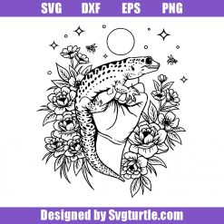 Gecko-with-flowers-svg,-floral-lizard-svg,-reptile-flowers-svg