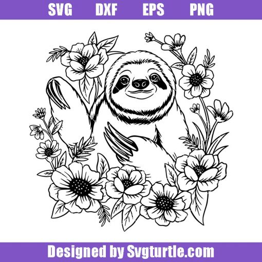 Sloth-with-flowers-svg,-sloth-face-svg,-animal-flowers-svg