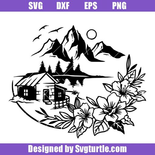 Scene of House Near Lake with Mountains and Flower Svg