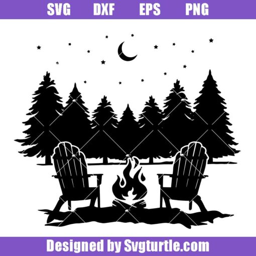 Camping-night-in-forest-with-adirondack-chairs-svg,-campfire-svg