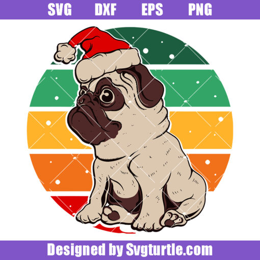 Pug Dog Santa Hat Christmas Svg, Christmas Dog Svg, Retro Sunset Svg