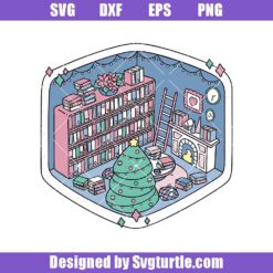 Pink Christmas Cozy Library Svg, Book Lover Isometric Room Svg